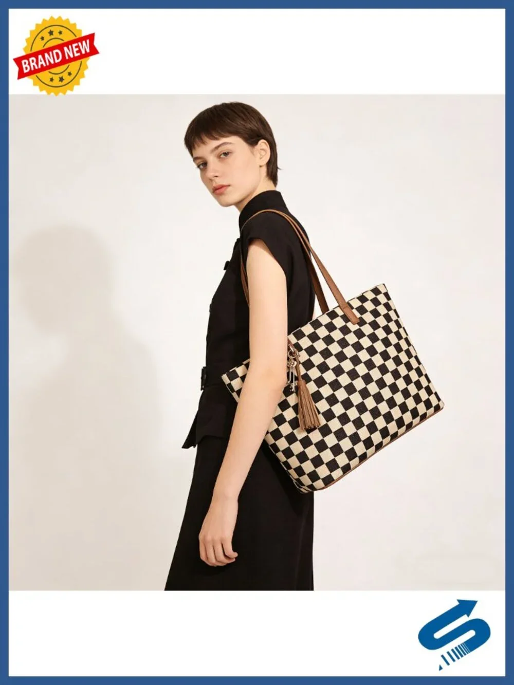 Checkered Canvas Tote Bag with Wristlet Large Capacity Shoulder Handbag